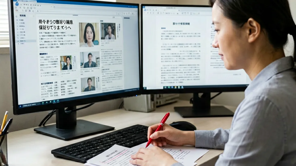 编辑人员正在多屏对比核实与吉泽明步相关的中日文原始资料，桌上摆放着打印的核查清单