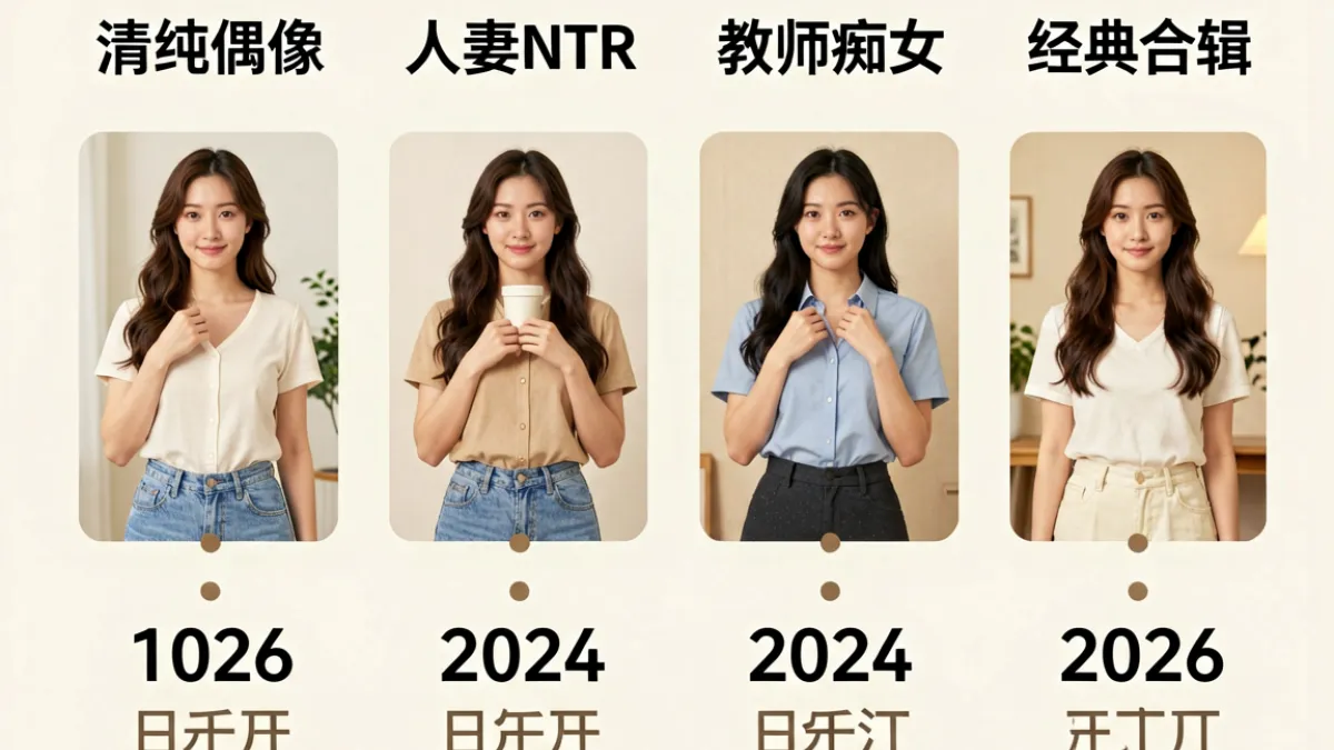 吉泽明步出道至引退的四阶段风格演变示意图，展示从清纯偶像到人妻教师系的转型节点