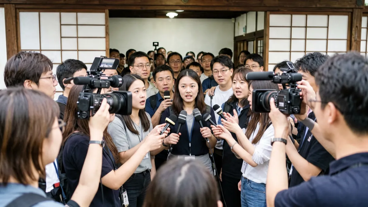 吉泽明步日本媒体爆料现场示意图，记者聚集在某活动场馆外等待采访