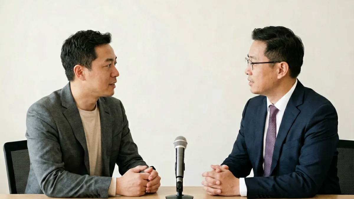 吉泽明步与导演访谈视频画面，两人坐于简洁背景前交流
