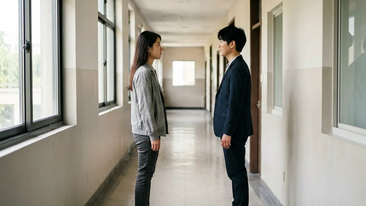 吉泽明步出演双人对手戏视频截图，两人面对面站立于走廊场景